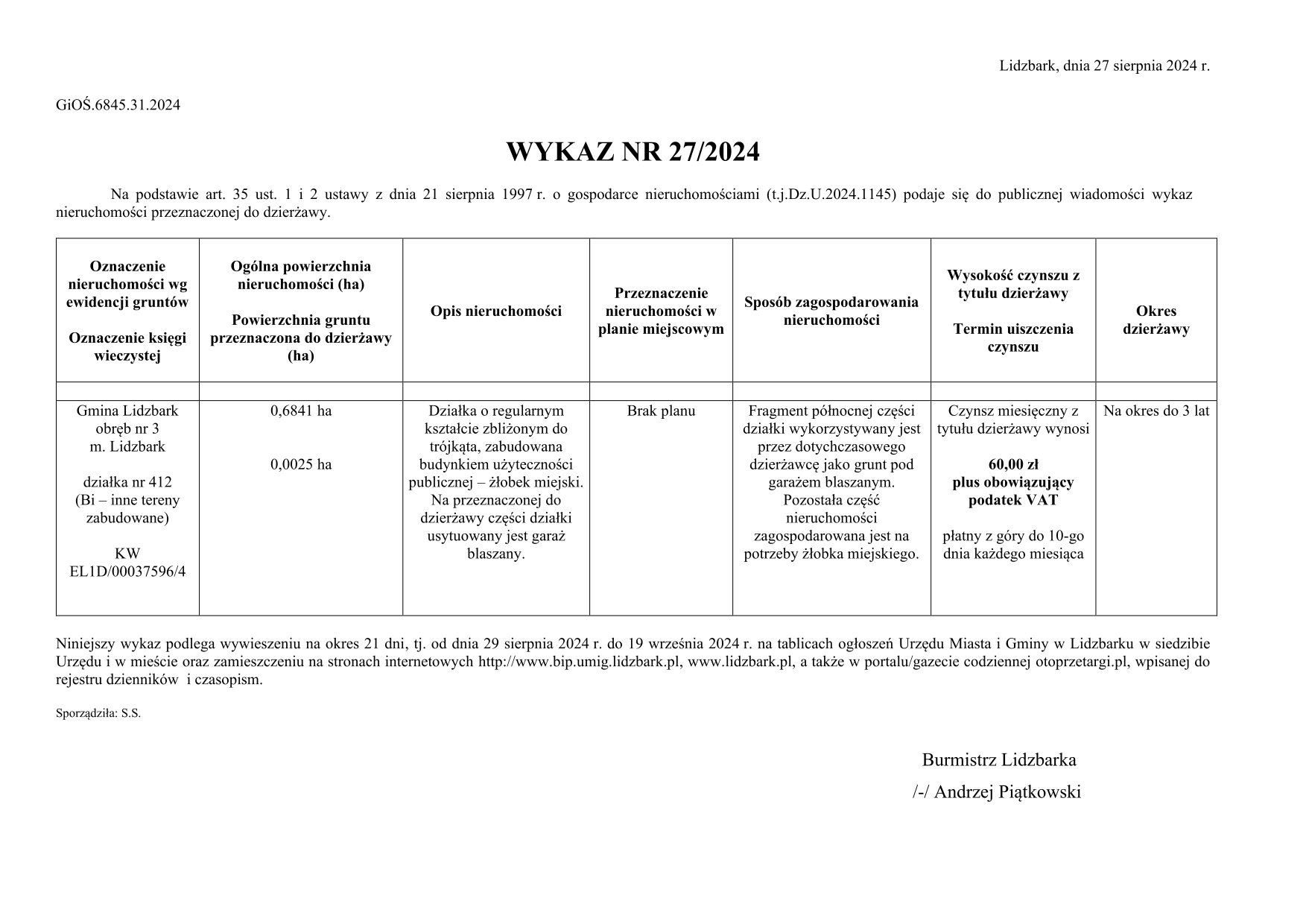 Wykaz Nr 27/2024 - Nieruchomość gruntowa do dzierżawy - Lidzbark, obr. 3, część dz. nr 412